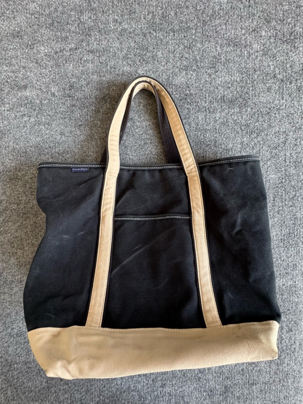 Lands End Extra Large 5 Pocket Zip Top Canvas Bag Black and Cream